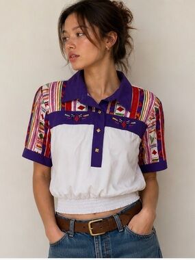 Vintage Brenda Goode‎ Western Cropped Top Colorful Print Smocked Waist